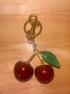 Sparkling Red Cherry with Green Leaf Keychain or Bagcharm